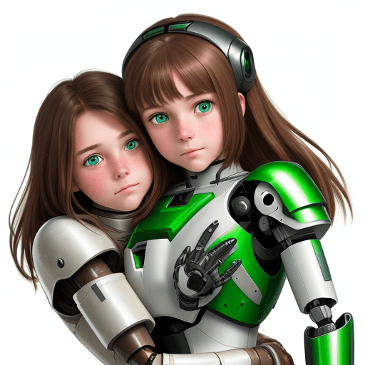 AI generated: 
a girl with brown hair, green eyes wearing white robotic armor hugging her robot friend

