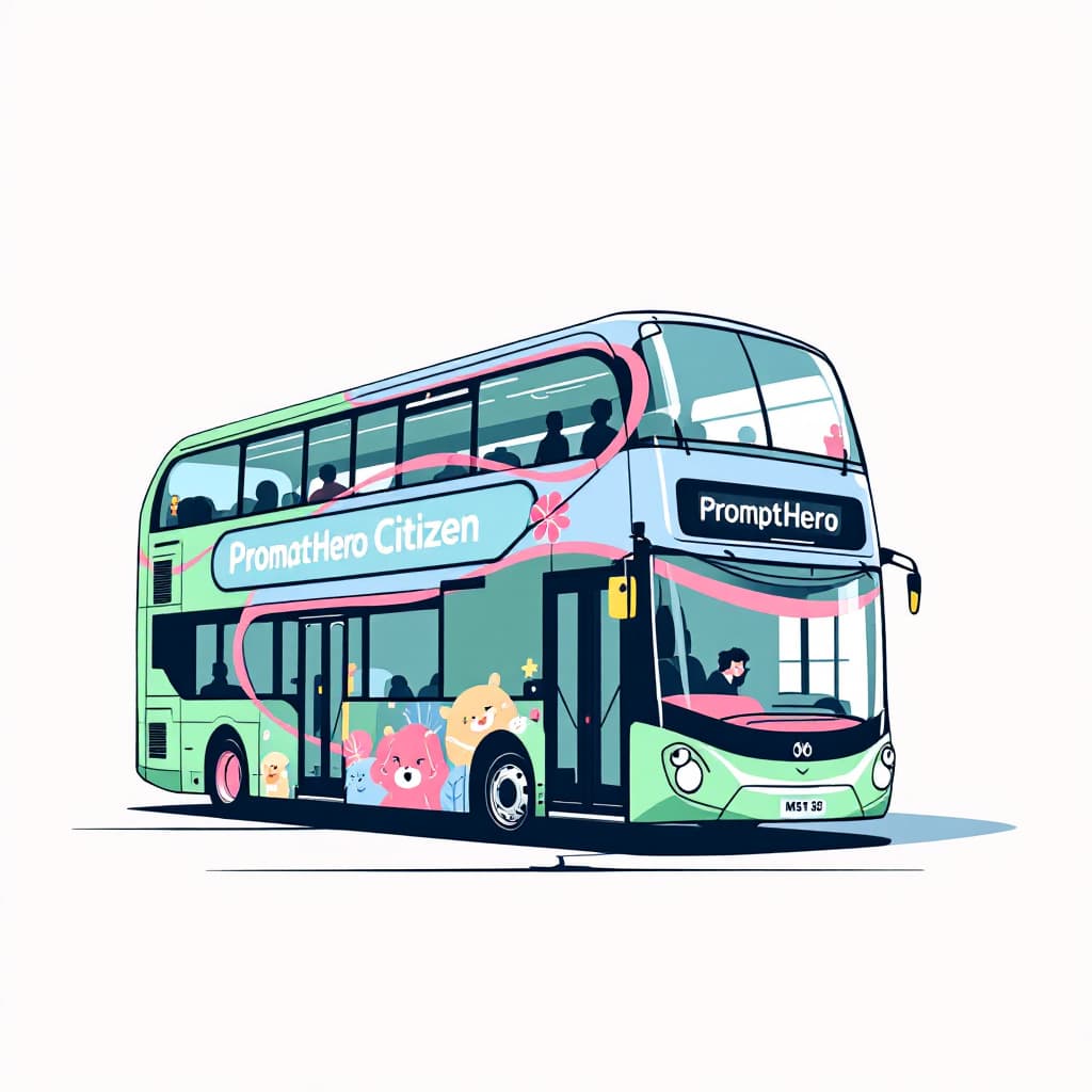 AI generated: High resolution Photography
double decker  bus, a sleek and modern design with a light green ,pink a...