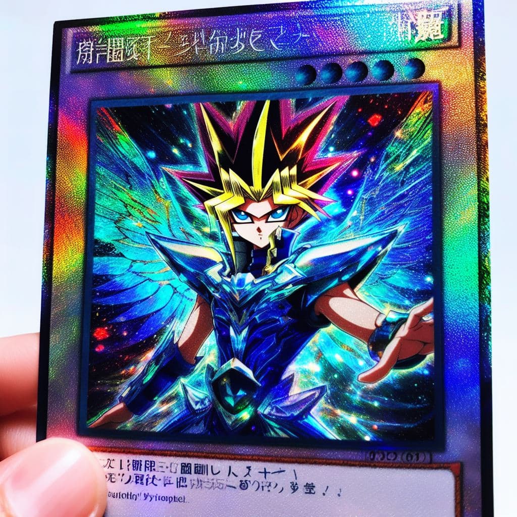 AI generated: An extremely shiny holographic prismatic Yugioh Trading Card with elegant Japanese features, extreme...