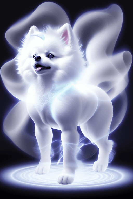 AI generated: (an white pomeranian dog anthropomorphic being made of swirling light), (translucent body), medium p...