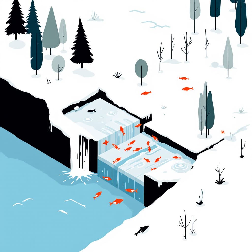 AI generated: Minimalist schematic illustration in flat design, showing a river with a natural barrier that negati...
