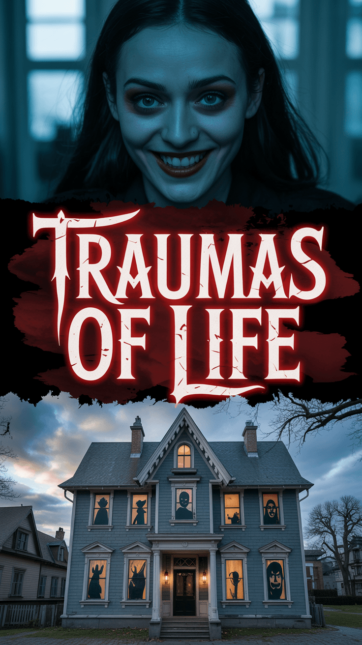 AI generated: A haunted house front view,in every window witches,ghosts,and creatures faces silhouettes,at the cei...