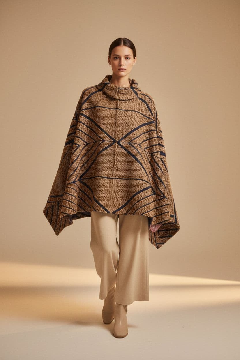 AI generated: Editorial fashion portrait featuring a person wearing an artisanal wool poncho or cape, flowing, scu...