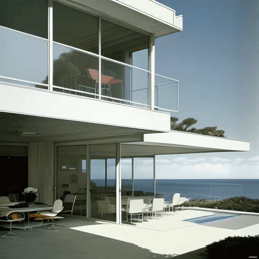 AI generated: Hyper realistic eye level exterior photo of a mid century modern style house overlooking the ocean, ...