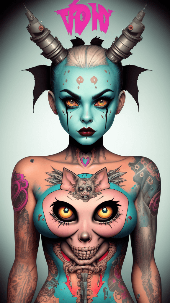 AI generated: twisted backdrop
stark
pop surrealism lowbrow art style
flawless tank girl 
symmetrical anatomy
tatt...