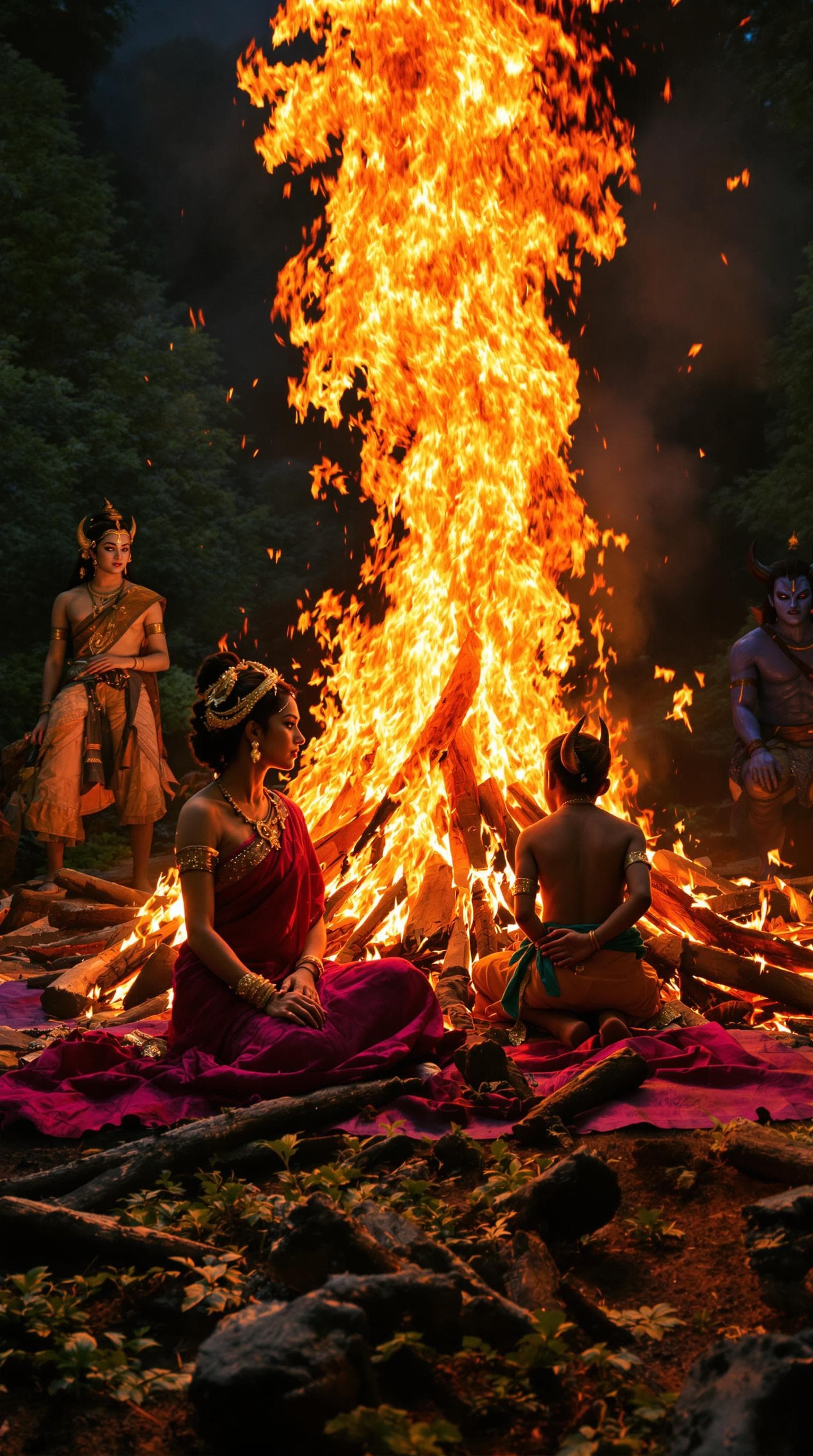 AI generated: Wide-angle cinematic night scene, Holika (vibrant magenta-pink sari, warm-toned skin, contemplative ...