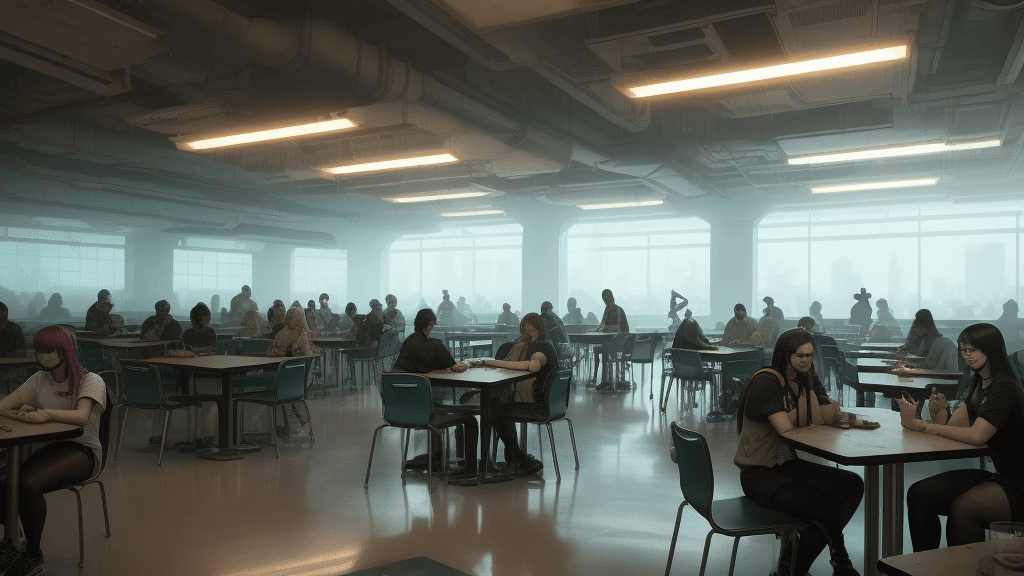 AI generated: Cyberpunk cafeteria university during daylight filled with students.