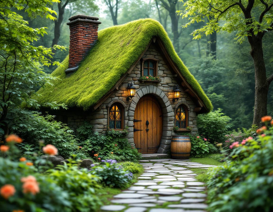 AI generated: A picturesque, moss-covered stone cottage nestled in a lush green forest. The cottage features a ste...