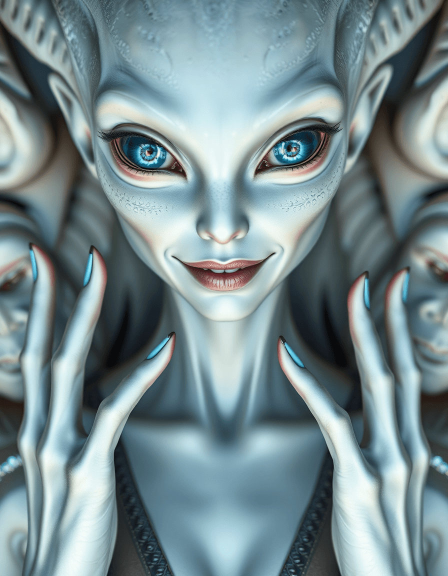 AI generated: An alien woman with snow-white skin, iridescent blue eyes with flower-shaped irises, like pores runn...