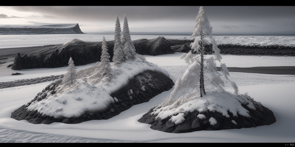 AI generated: iceland island::5 white snow black sand:: barren soil, rock beach:: trees::-1 cinematic lighting:: r...