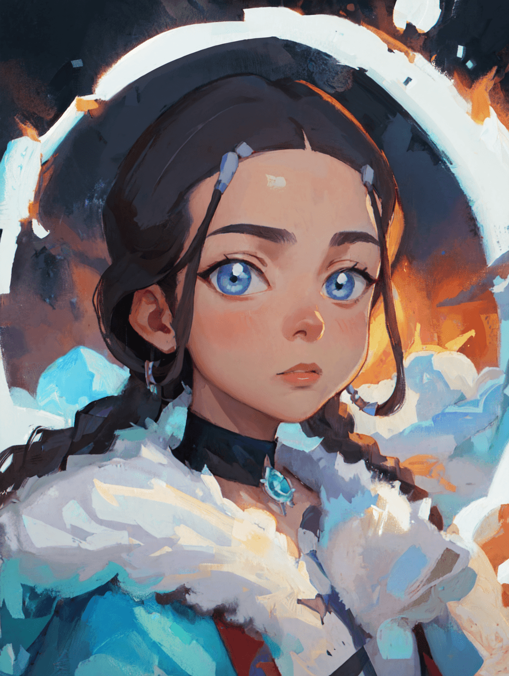 AI generated: masterpiece, best quality, oil painting, 1girl, katara, ZaUm, elysiumChar, portrait, toned, dark ski...