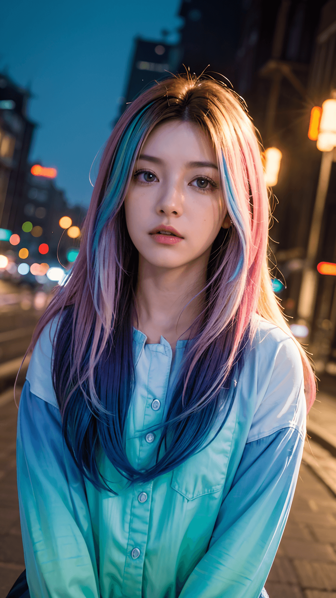 AI generated: (gradient hair, dutch angle:1.3), film grain, chromatic aberration, city centre, masterpiece, best q...