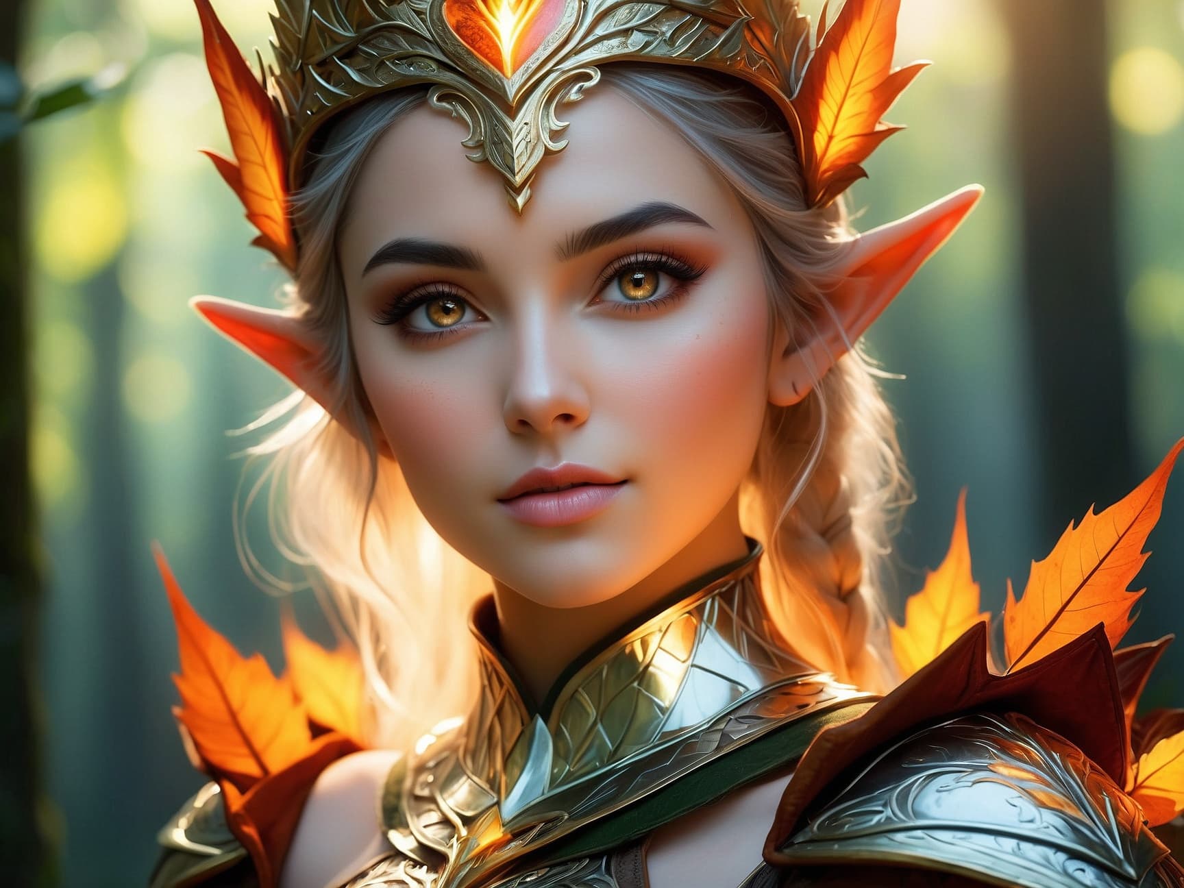 AI generated: Fantasy portrait, ultra detailed photograph of elf woman wearing elf armor with, deep shiny forest o...