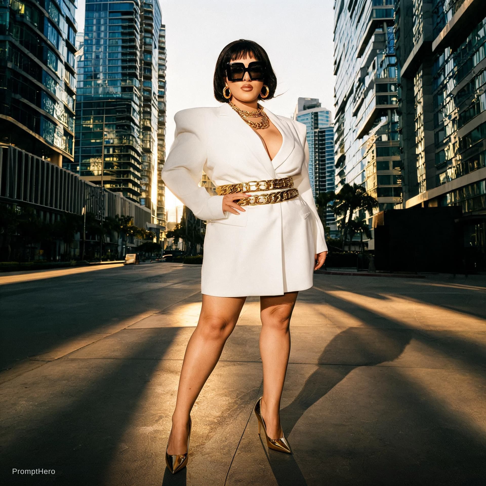 AI generated: A woman with short dark hair, bold sculpted makeup, large gold hoops,
curvy figure, wearing an overs...