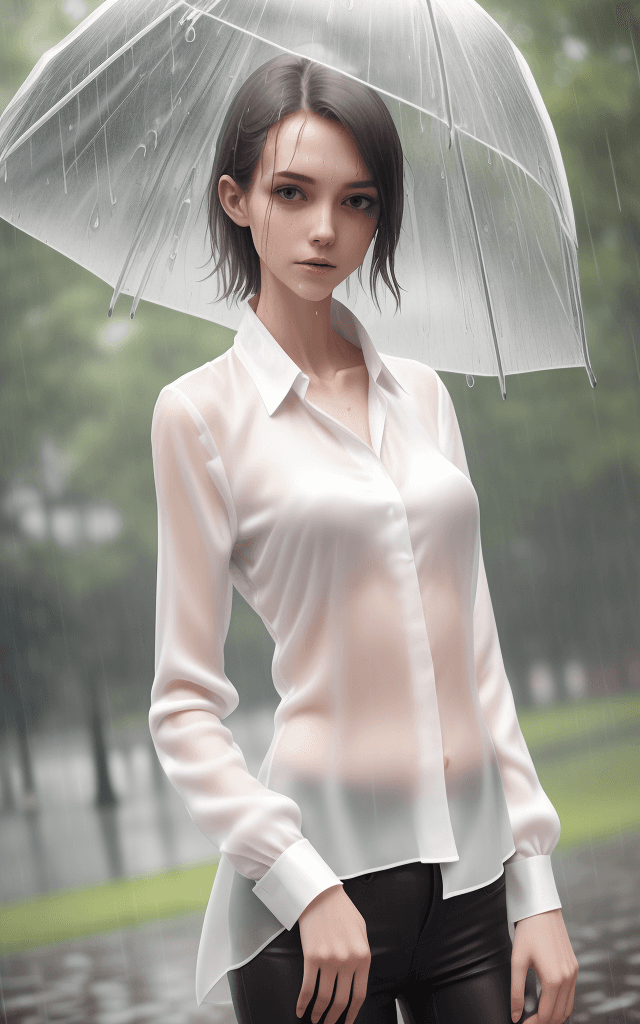 AI generated: a skinny girl wearing a wet white silk blouse under the rain in a park
