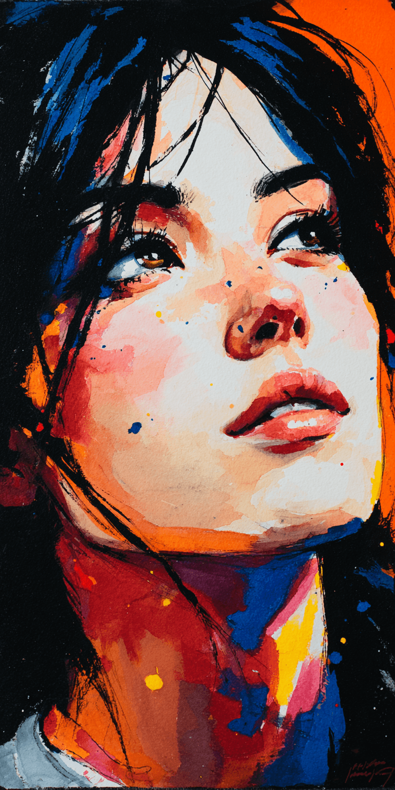 AI generated: Watercolor portrait of a woman, vibrant --chaos 75 --ar 1:2 --profile n19tbh9 --stylize 750 --v 7
