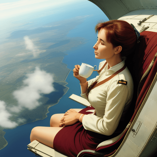 AI generated: woman drinking tea, sitting on thee wing of a flying plane