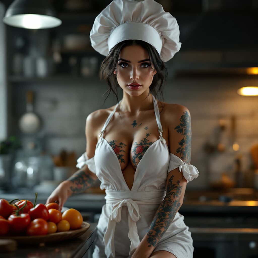 AI generated: female dressed as italian chef, cook, cooking, kitchen background, lingerie, tattoos, (full body vis...