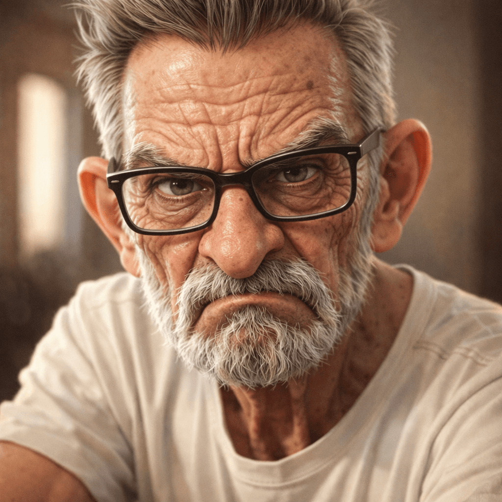 AI generated: Expressive caricature in pixar style unreal charming seemingly mischievous irritated very old man wi...