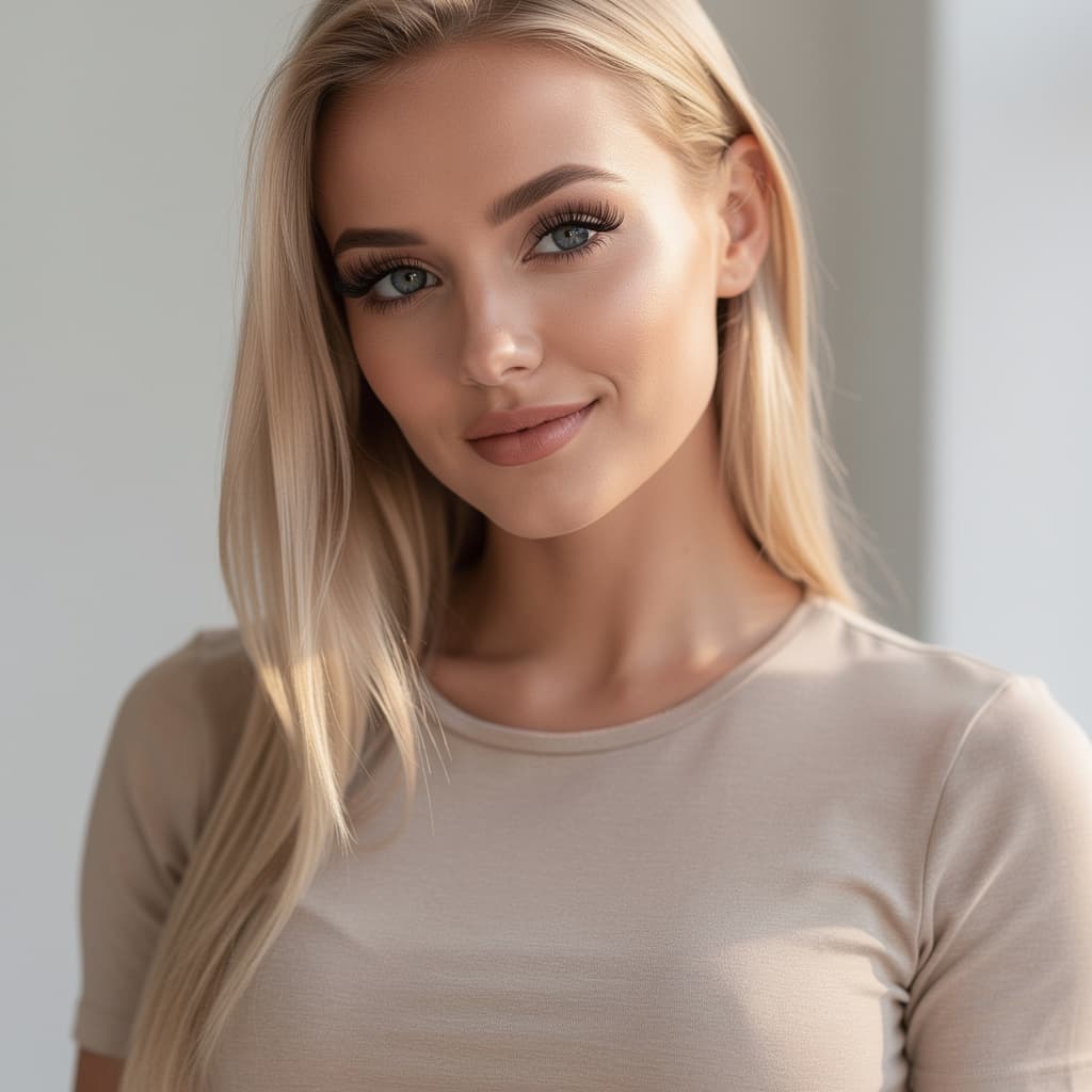AI generated: swedish, 25 years old white girl, smirk, long blonde hair, fit, fake lashes, 