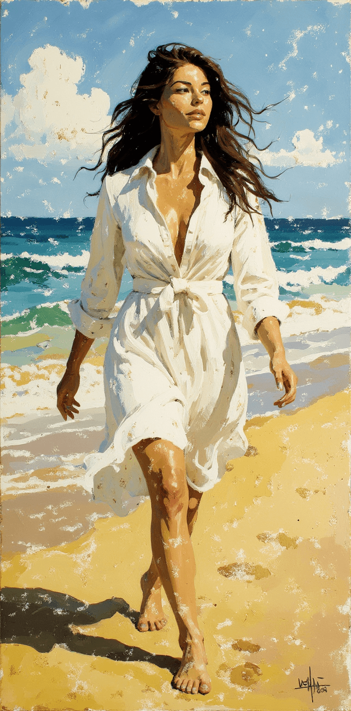 AI generated: a painting of a woman, in the style of brushstroke-intensive portraits, walking on the beach , flowi...