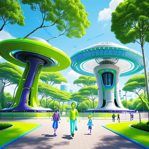 AI generated: Futuristic park scene in  with bright and vibrant colors. People walking joyfully, with clean surrou...