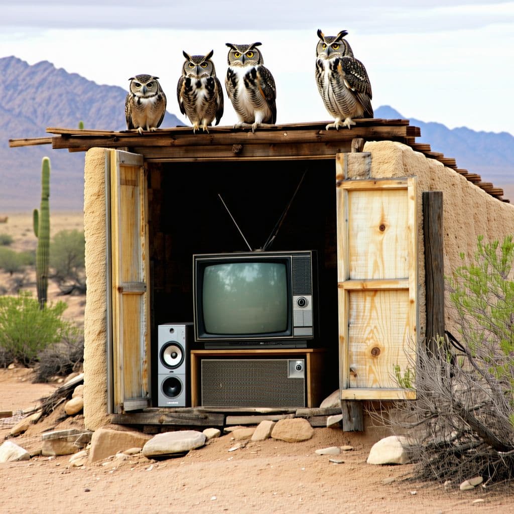 AI generated: lives in a southwest desert landscape alone, save 7 messenger owls, lives in an old lean-to shack wi...