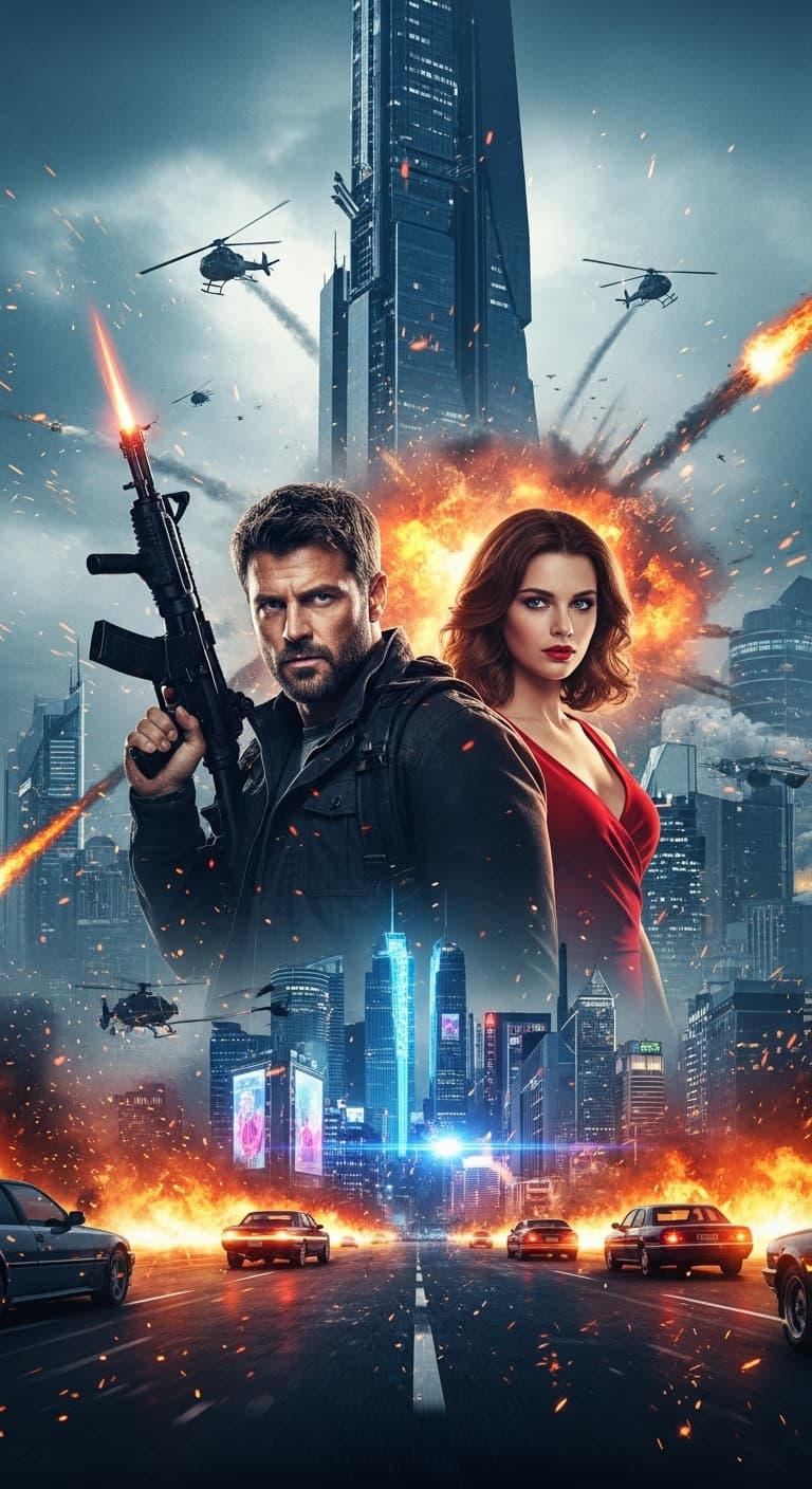 AI generated: A jaw-dropping cinematic poster featuring a powerful blend of blockbuster movie elements: a rugged a...