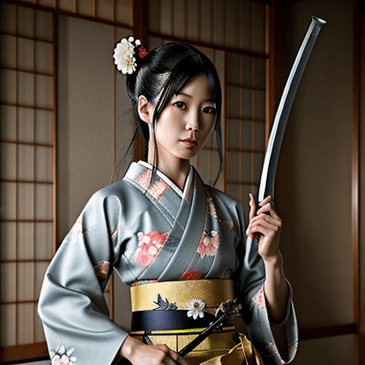AI generated: Photo of a ultra realistic,  Japanese's woman, traditional holding floral sword