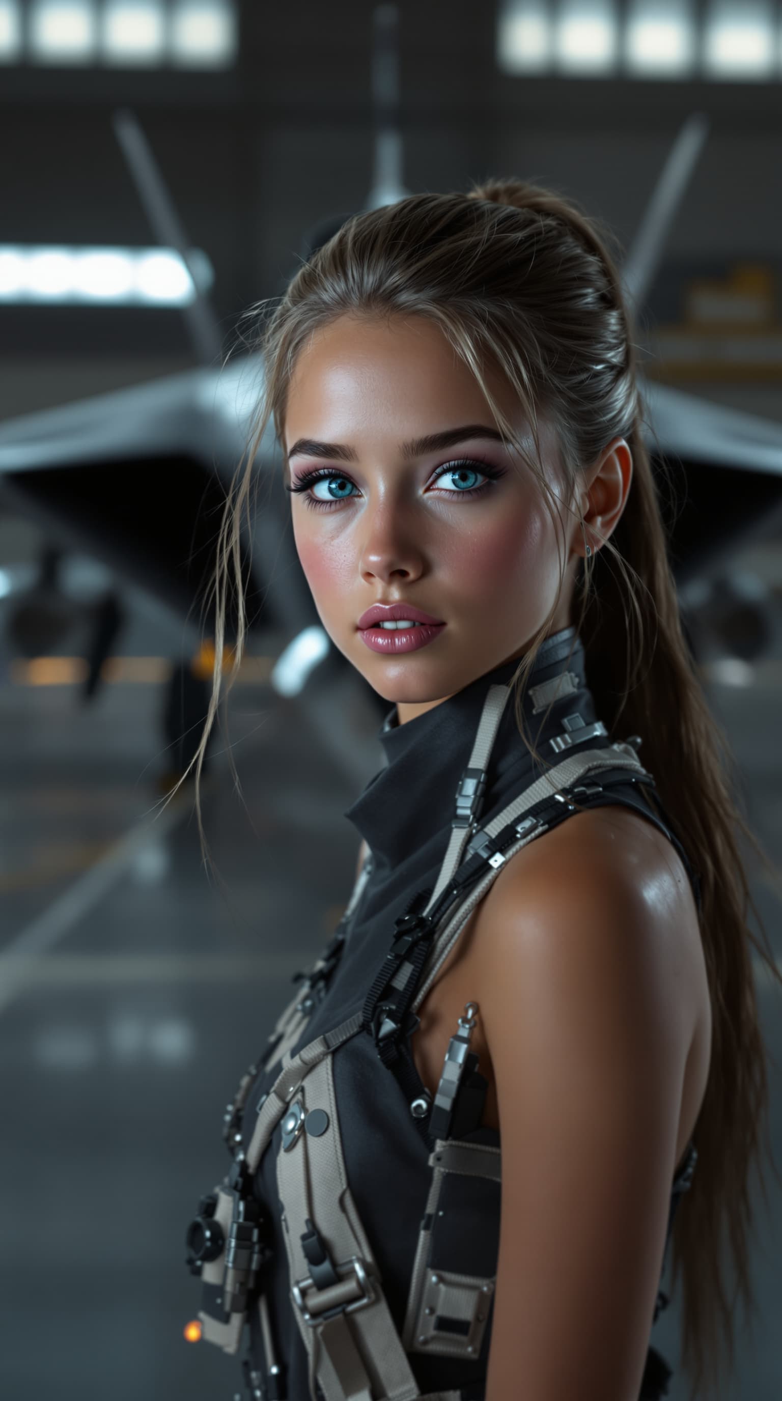 AI generated:  a professional photo of the most beautiful girl in the world seven year old, Lockheed F-117 Nightha...