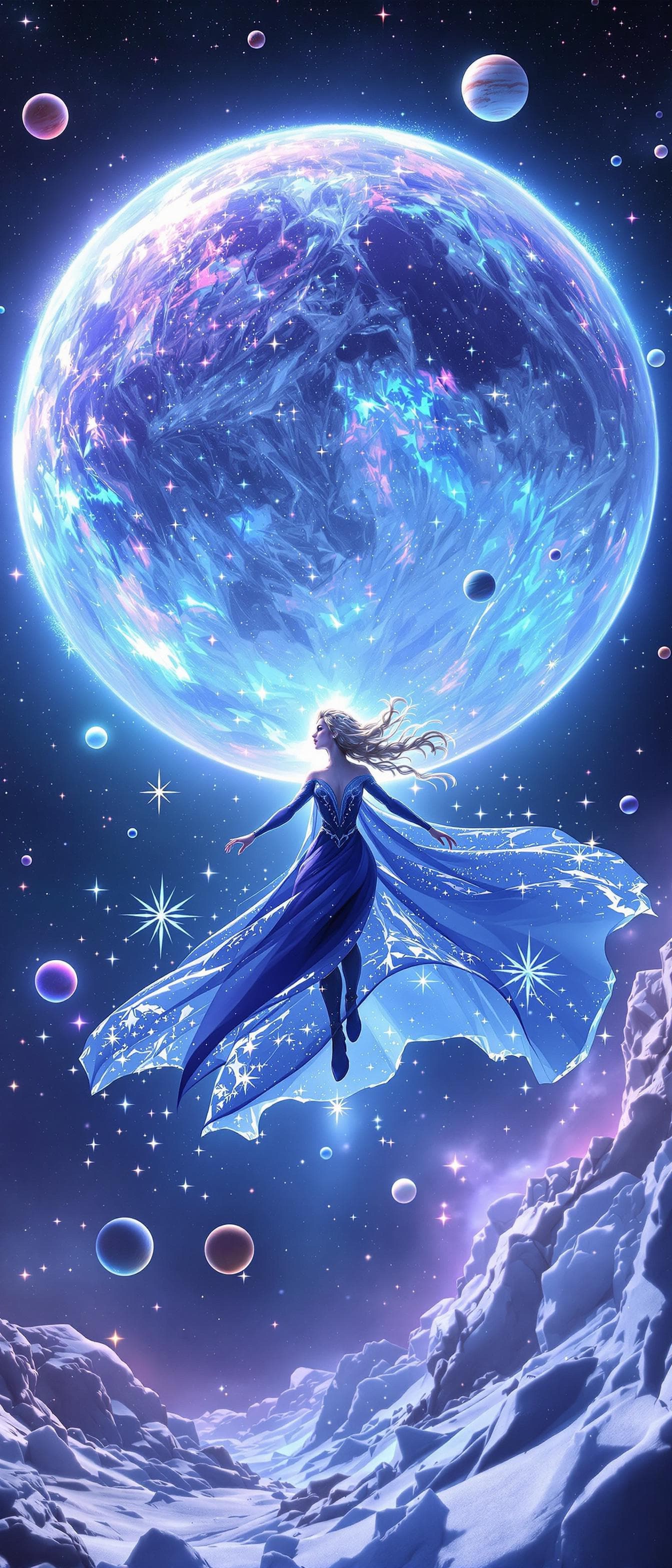 AI generated: Hyper realistic picture of Elsa like a God flying in space with planets floating around Elsa, flying...