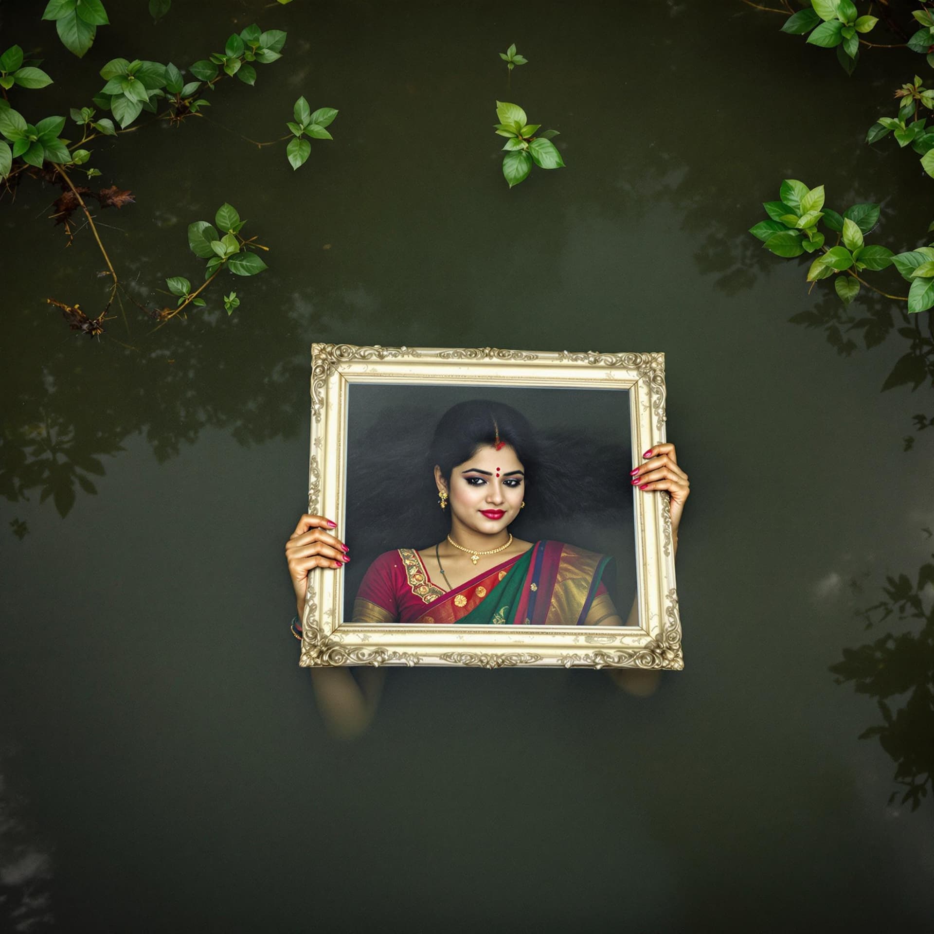 AI generated: Indian girl in Kerala dress laying inside a photoframe in an old kerala pond, half of her body under...