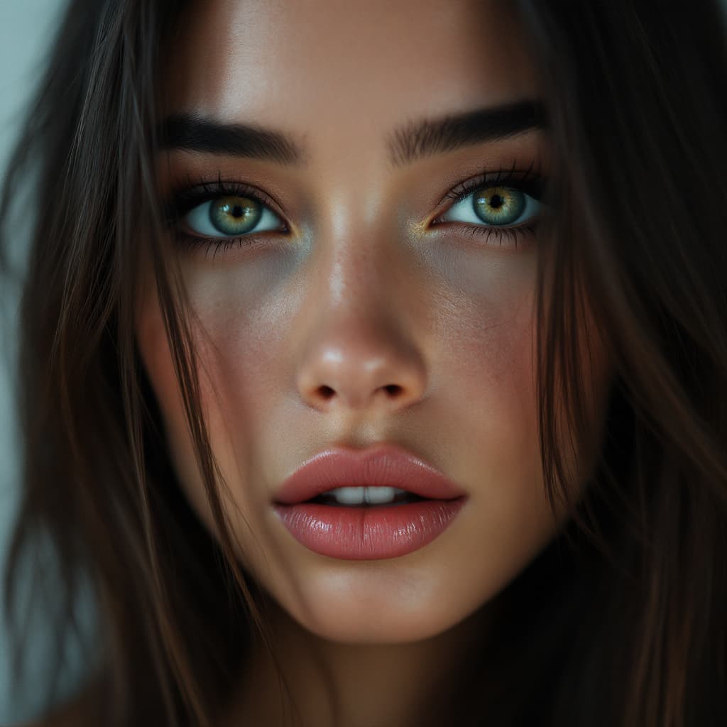AI generated: Close-up portrait of a mixed race woman, the father is European and the mother is Asian, she with lo...