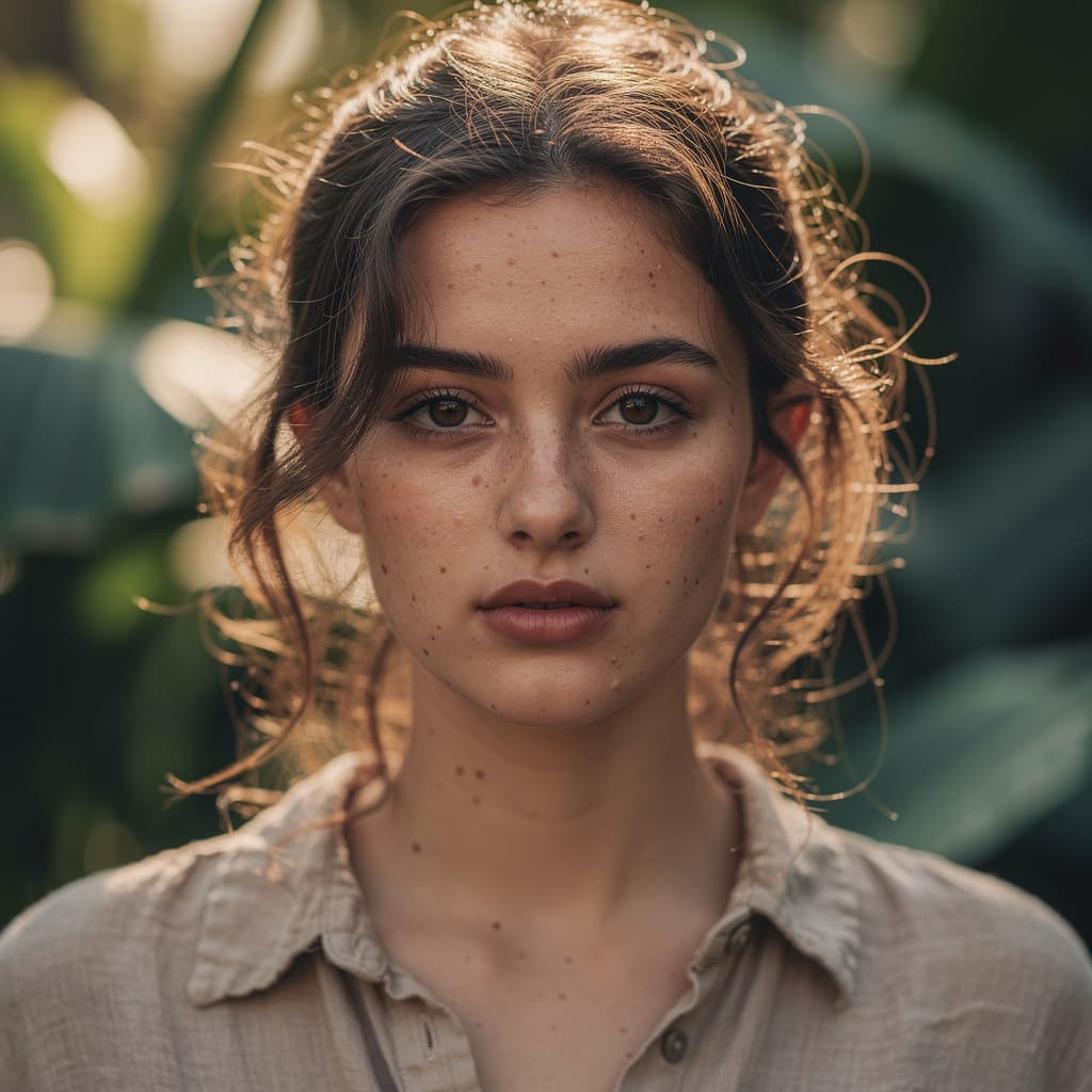 AI generated: Extreme close-up photo of a young woman with natural skin texture, visible pores, and messy hair. Sh...