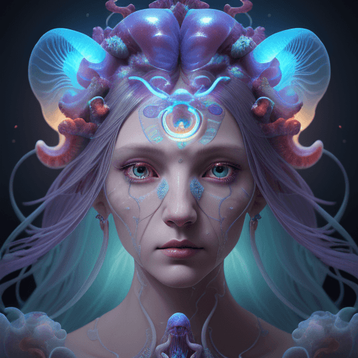 AI generated: Goddess close-up portrait ribcagel. jellyfish phoenix head, nautilus, orchid, skull, betta fish, bio...