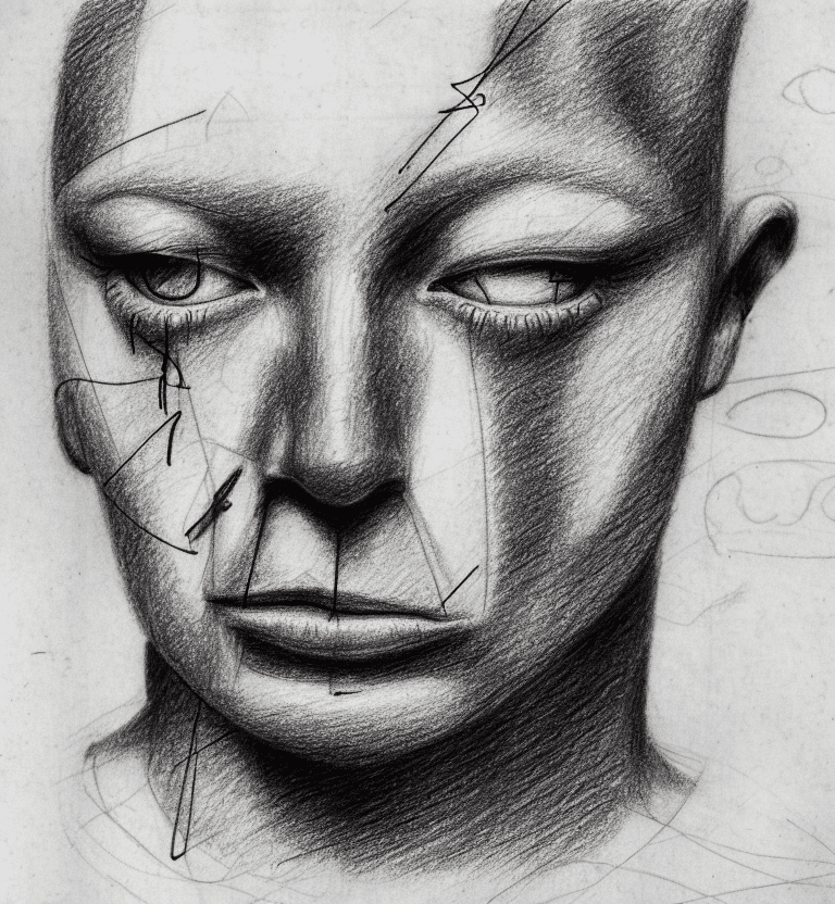 AI generated: [(whole human face):1], pencil drawing, trembling design, many cancellations, overhanging, drawn ver...