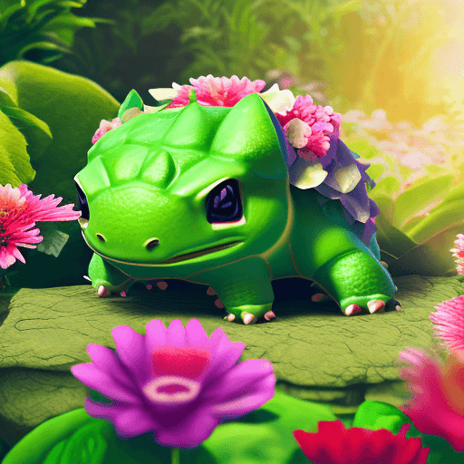 AI generated: Create a high-resolution, realistic image of Bulbasaur in a joyful, serene garden setting, surrounde...