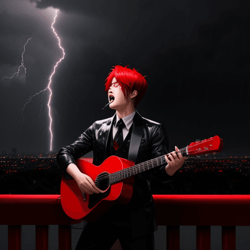 AI generated: With all of his heart, anime man sings music amid a backdrop of rain and lightning. theme is red, wh...