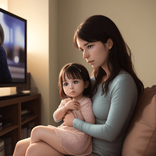 AI generated: a baby daughter sitting on her mother's knee watching tv

 