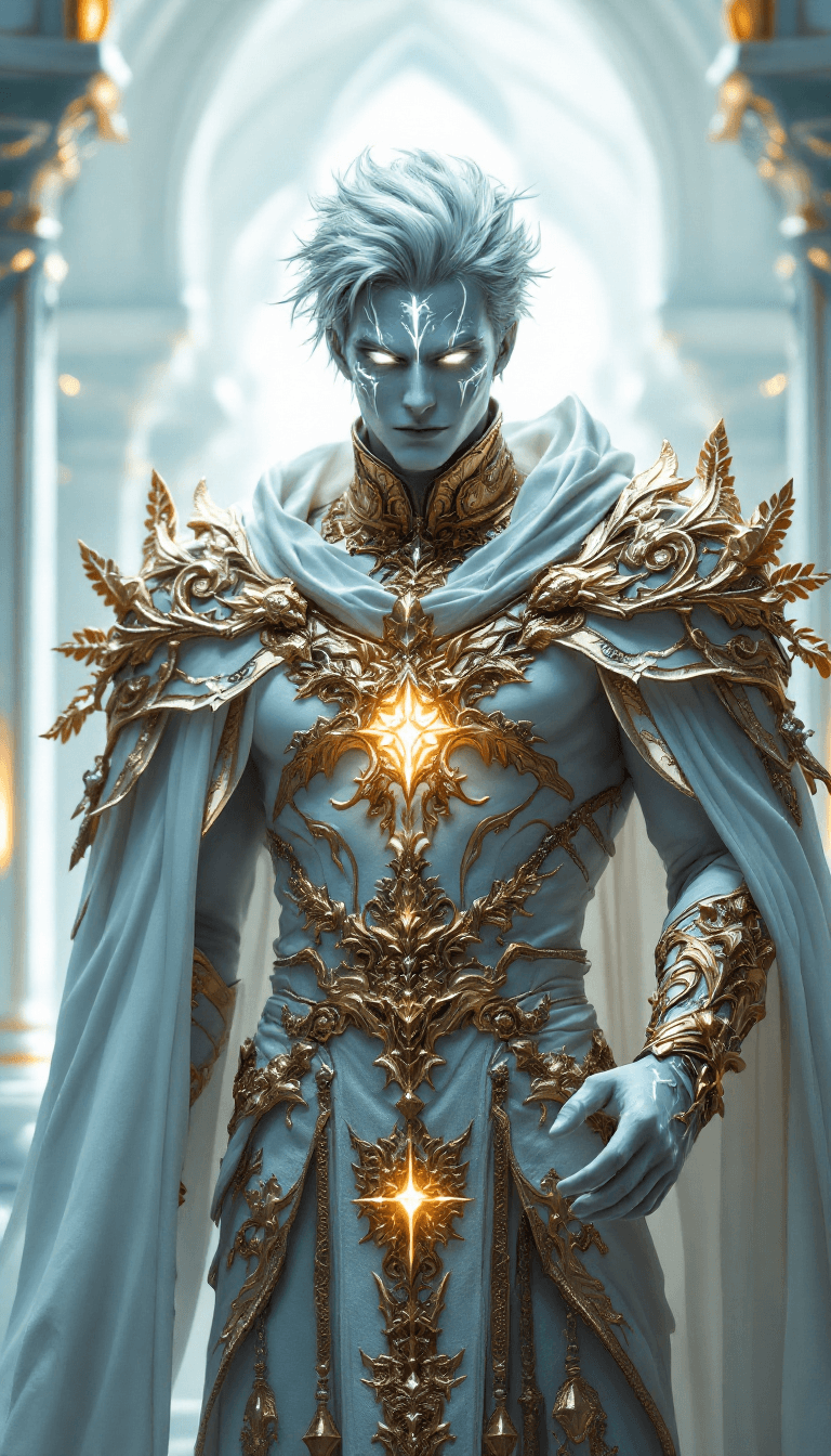 AI generated: all white, white final fantasy, male, mage, priest, white body skin, fantasy big white color full bo...