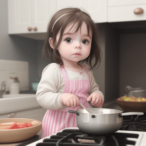 AI generated: (portrait:1.3, little child:1.8, little girl:1.8, standing:1.2, cooking;1.3, commercial advertising ...