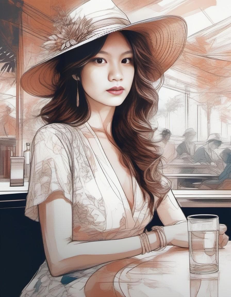 AI generated: a sensuel looking woman sitting in a bar|wearing a fedora and a elegant dress| centered| key visual|...