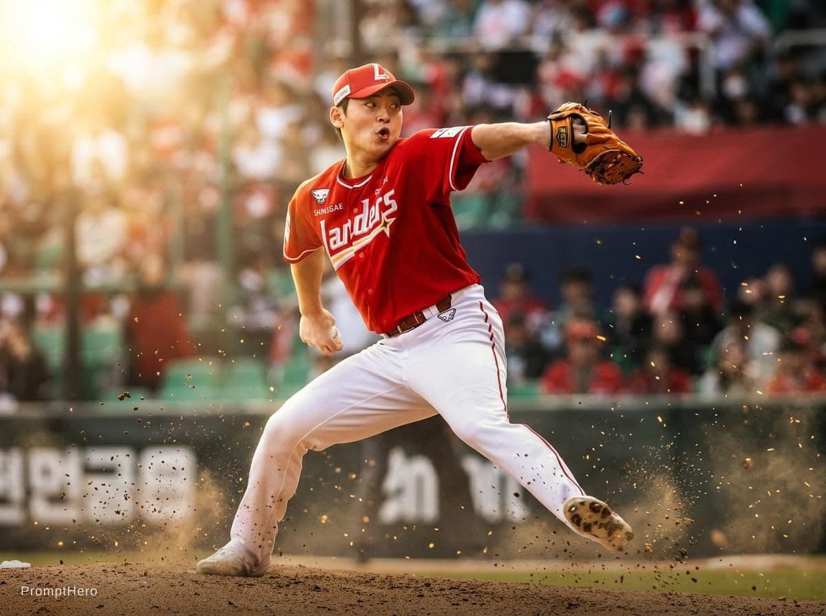 AI generated: Ultra realistic professional baseball poster, Korean baseball pitcher in dynamic pitching motion, fu...