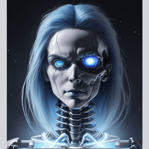 AI generated: blue eyes, ice crystals in hair, big eyes, blue hair, dynamic lighting, Terminator, cyborg, evil, in...