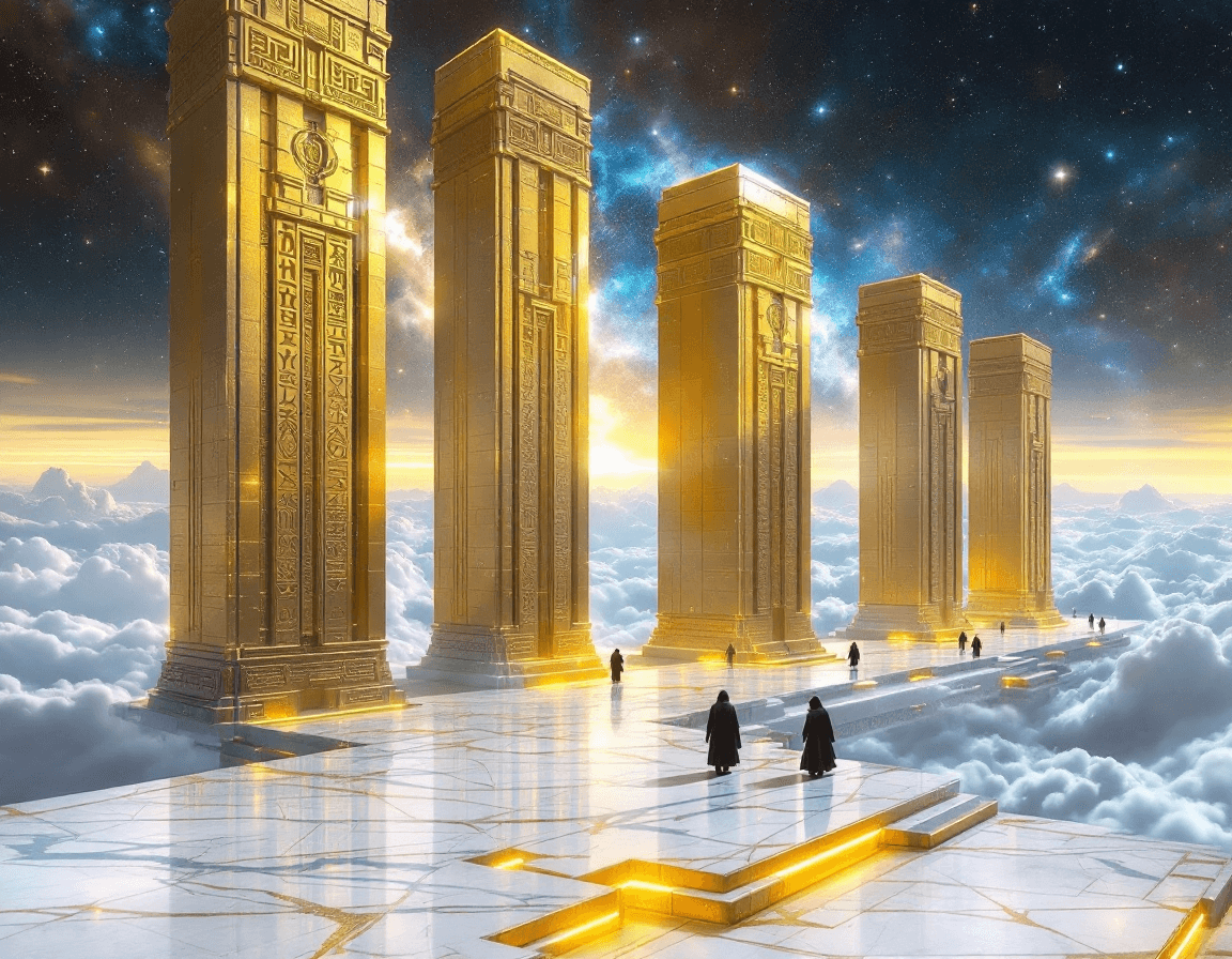 AI generated: A colossal, ultra-detailed sci-fi megastructure stretching into space, featuring towering golden mon...