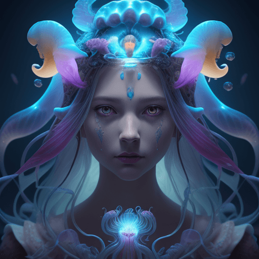 AI generated: Goddess close-up portrait ribcagel. jellyfish phoenix head, nautilus, orchid, skull, betta fish, bio...