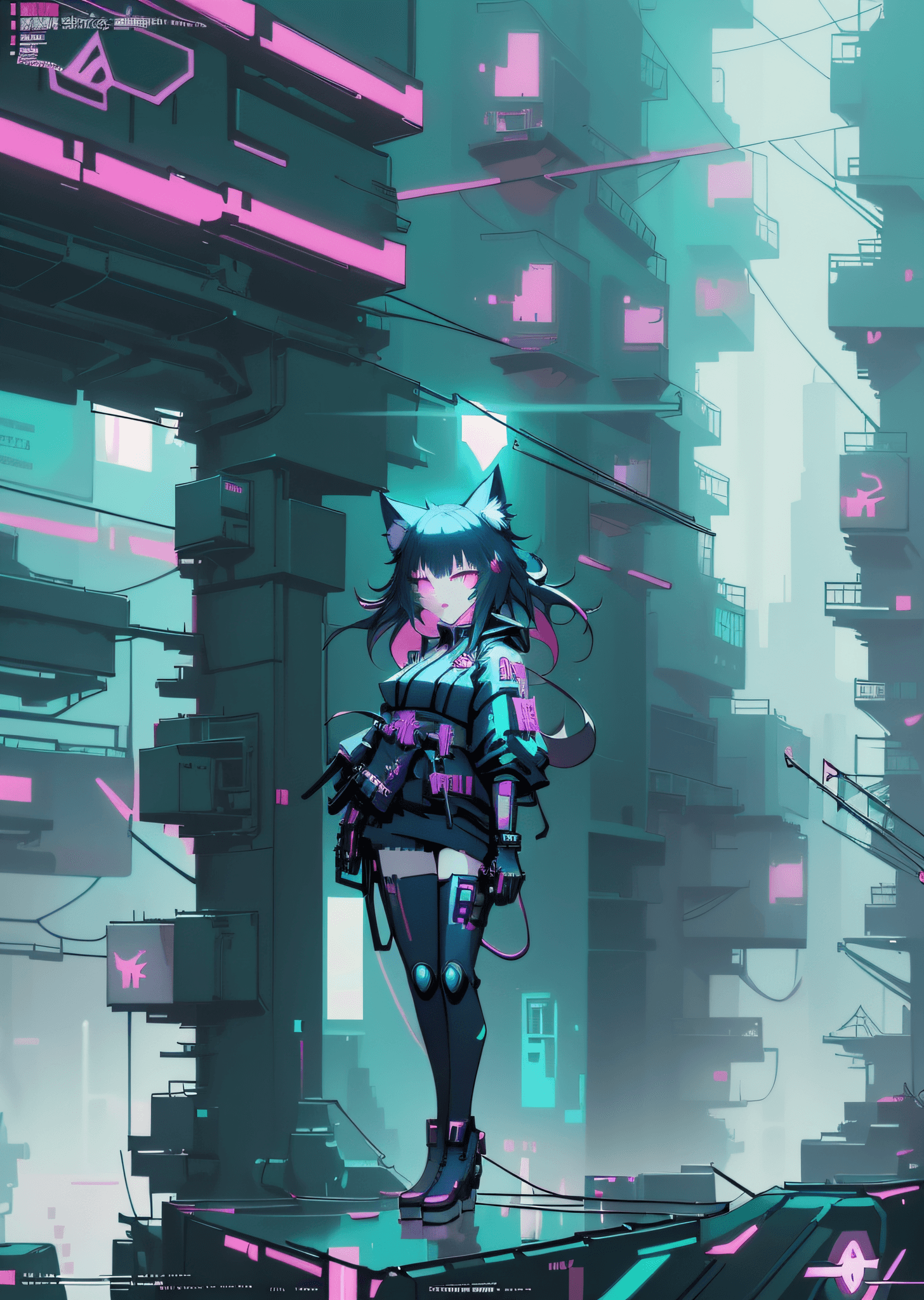 AI generated: a girl with a cat ears and glowing eyes, digital cyberpunk anime art, digital cyberpunk - anime art,...
