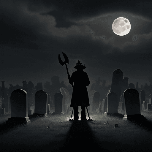 AI generated: night light, cloudy full moon, tombstones on a meadow, a poorly dressed gravedigger wearing a shinin...