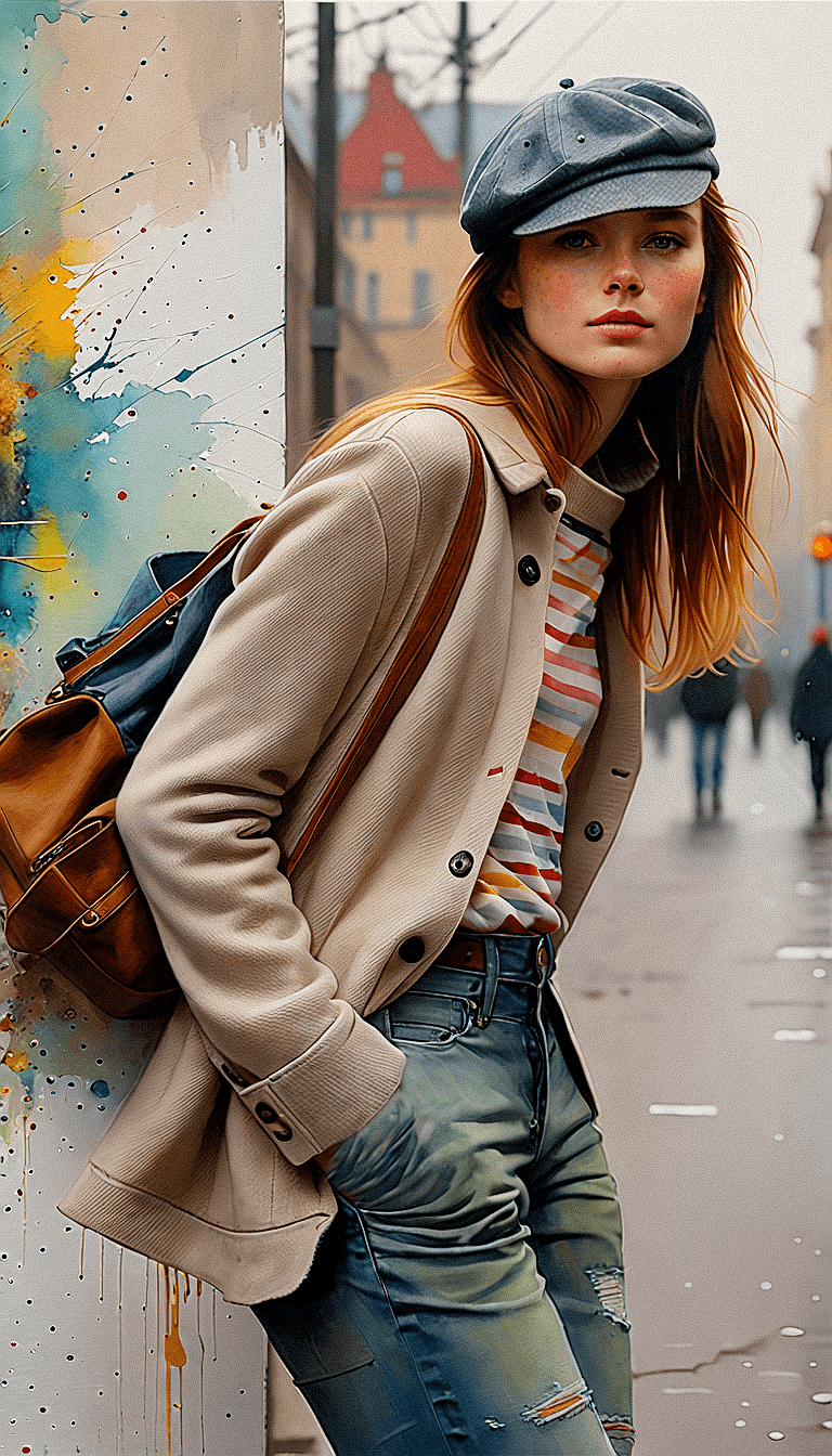 AI generated: "A water-color painting of a beautiful young freckles woman. Messy bun hair style, street outdoor se...