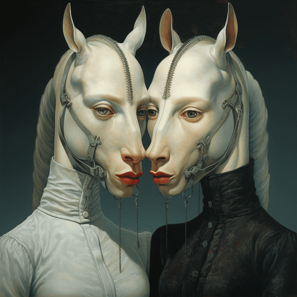 AI generated: The barker points to Siamese twins ,The stranger looks away, The eyes of horse faced women